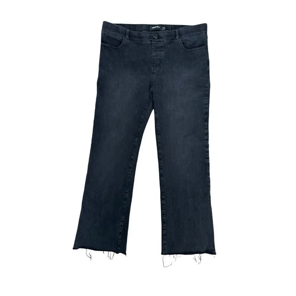 Betabrand Premium Yoga Denim Pull On Flare Bootcut Black Wash Jean Frayed Hem XL
